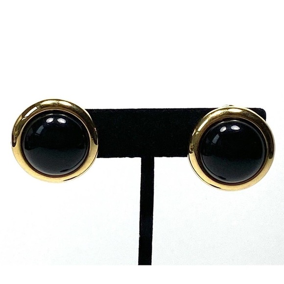 MONET Clip Ons Clips Earrings Black Acrylic Gold Tone Circles Vintage Signed - Picture 6 of 10